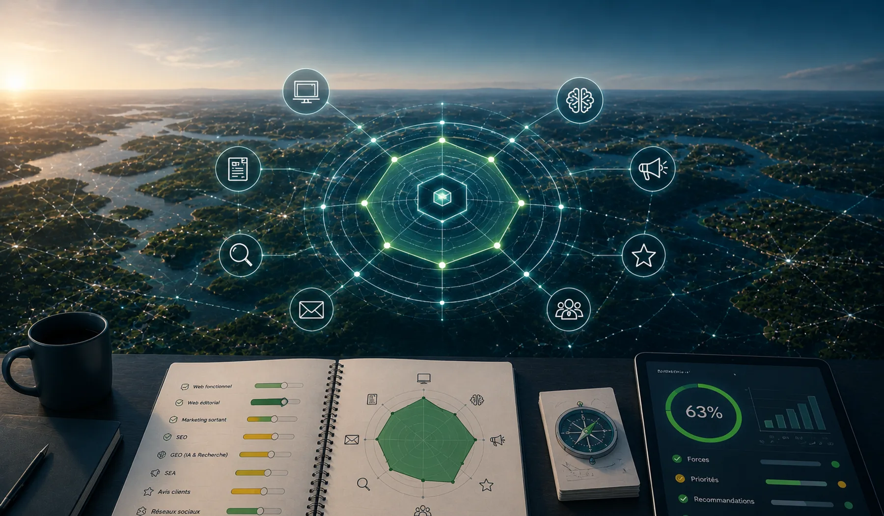 Autodiagnostic #TerritoireDigital avec radar de maturité digitale et leviers de présence numérique.