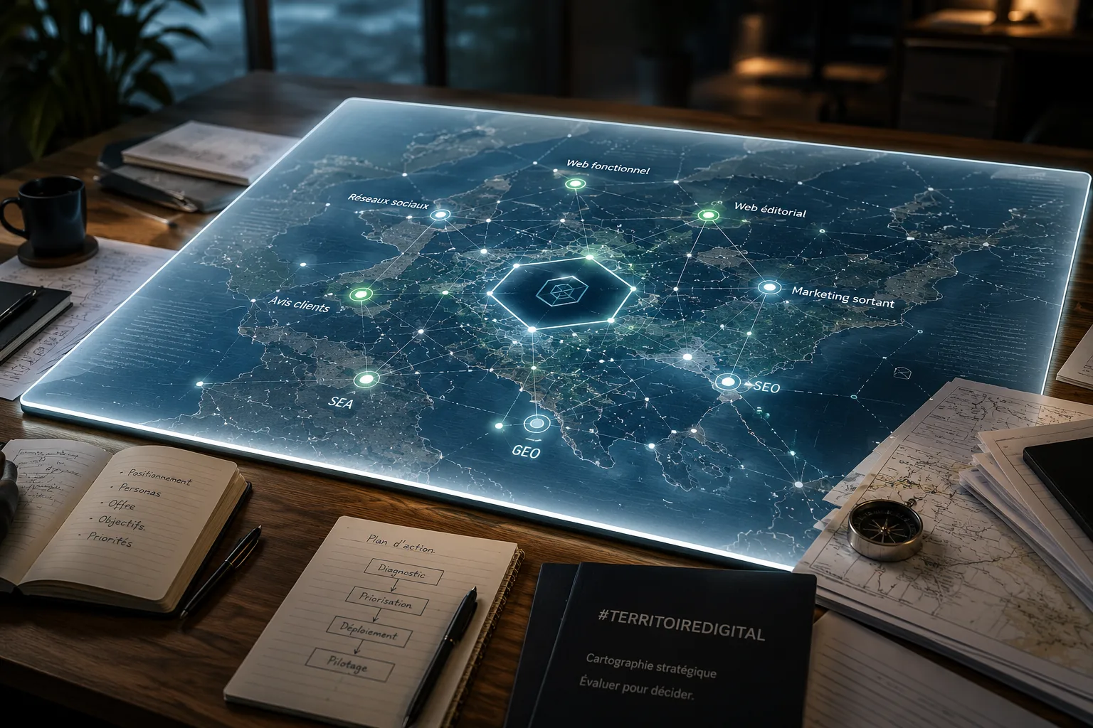 Table lumineuse de cartographie stratégique utilisée pour évaluer la maturité digitale d’une entreprise.