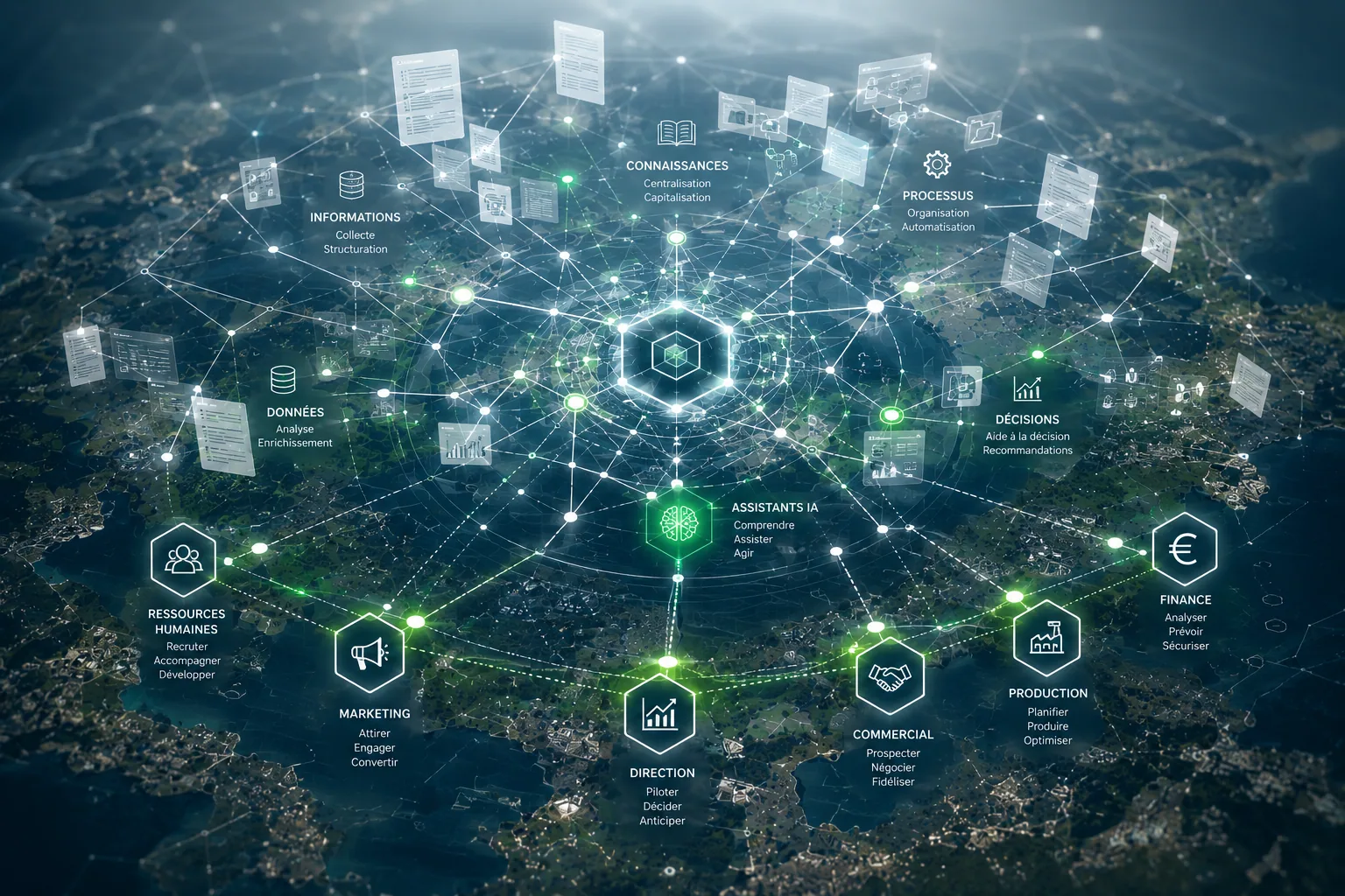 Réseau cognitif d’entreprise reliant documents, processus, décisions et assistants IA.