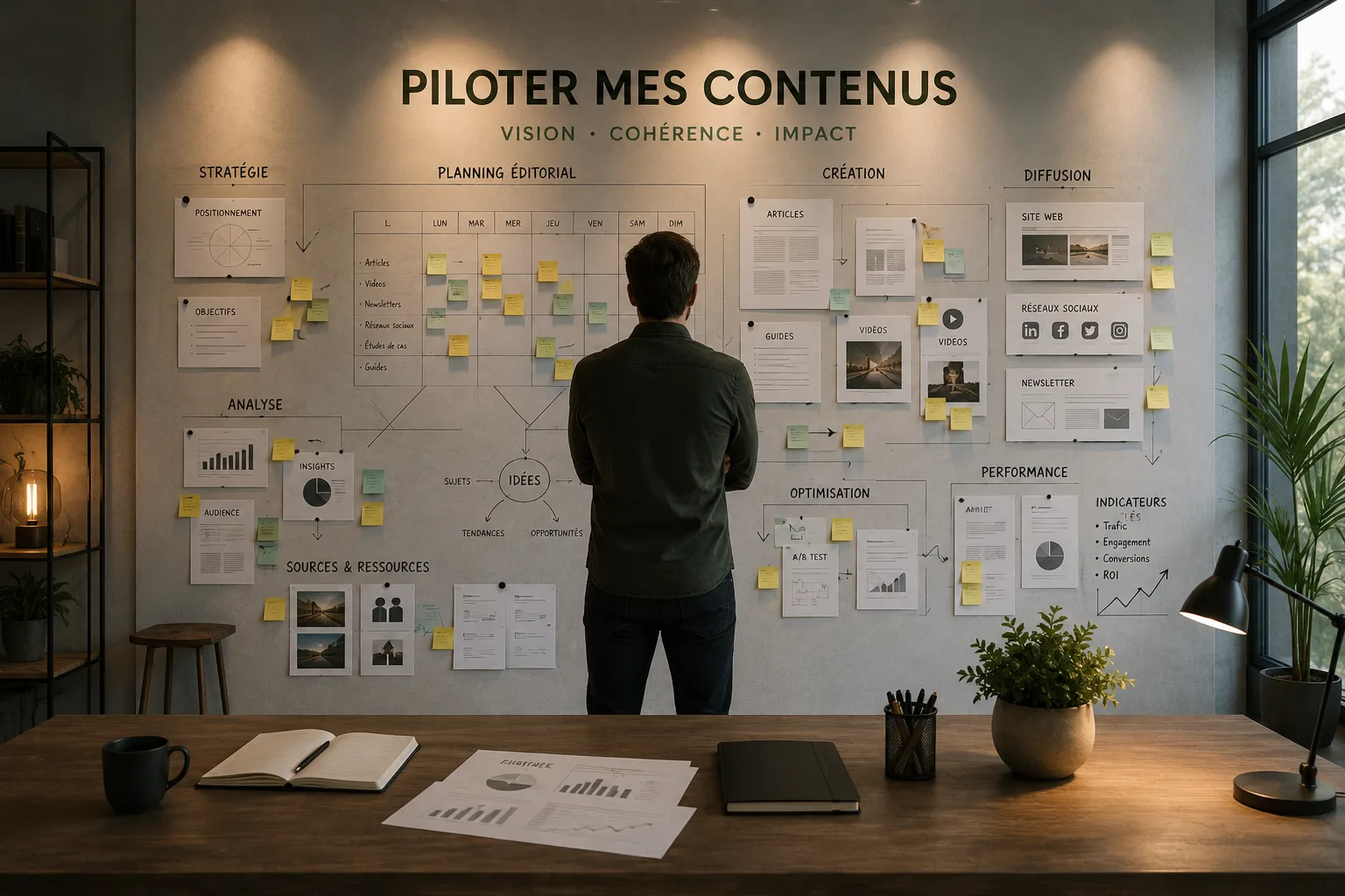 Système éditorial structuré reliant contenus, calendrier, SEO, GEO et pilotage autour d’une stratégie centrale.
